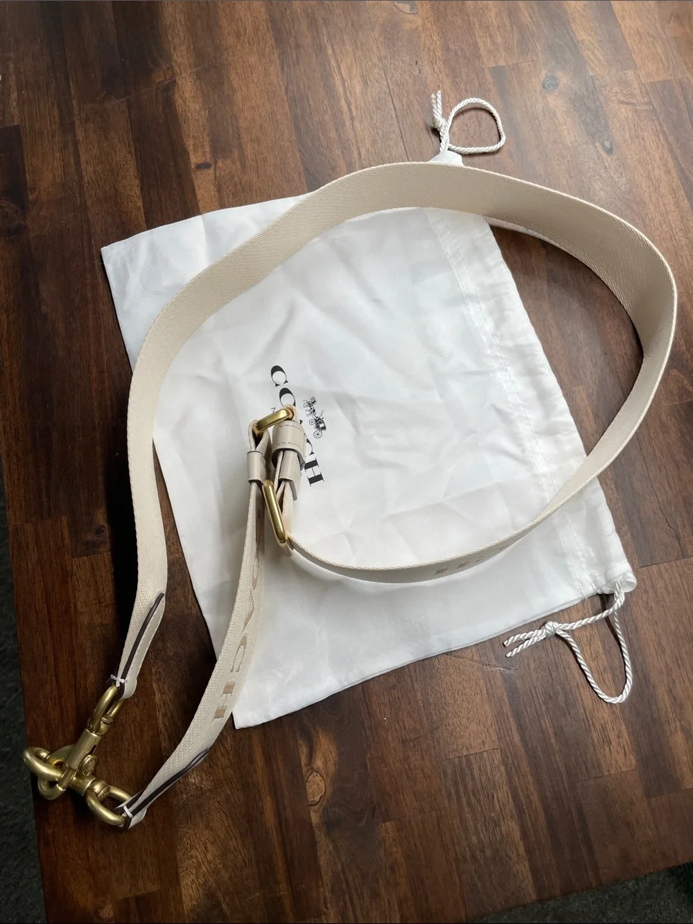 COACH Beige Canvas Logo Strap with Gold Hardware
